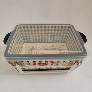 TEMPTATIONS By Tara Black Gingham Gardens 1 QT Loaf Pan Metal Carrier Trivet Lid